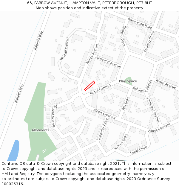 65, FARROW AVENUE, HAMPTON VALE, PETERBOROUGH, PE7 8HT: Location map and indicative extent of plot