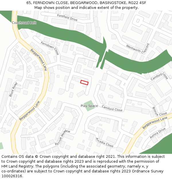 65, FERNDOWN CLOSE, BEGGARWOOD, BASINGSTOKE, RG22 4SF: Location map and indicative extent of plot