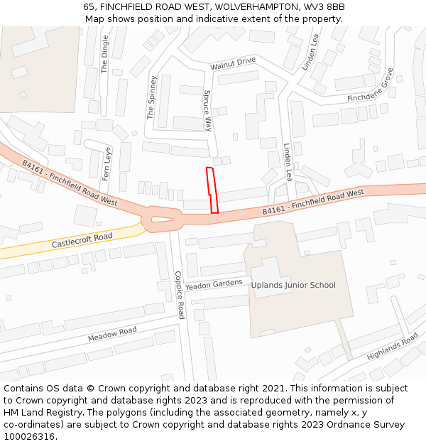 65, FINCHFIELD ROAD WEST, WOLVERHAMPTON, WV3 8BB: Location map and indicative extent of plot