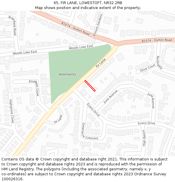 65, FIR LANE, LOWESTOFT, NR32 2RB: Location map and indicative extent of plot