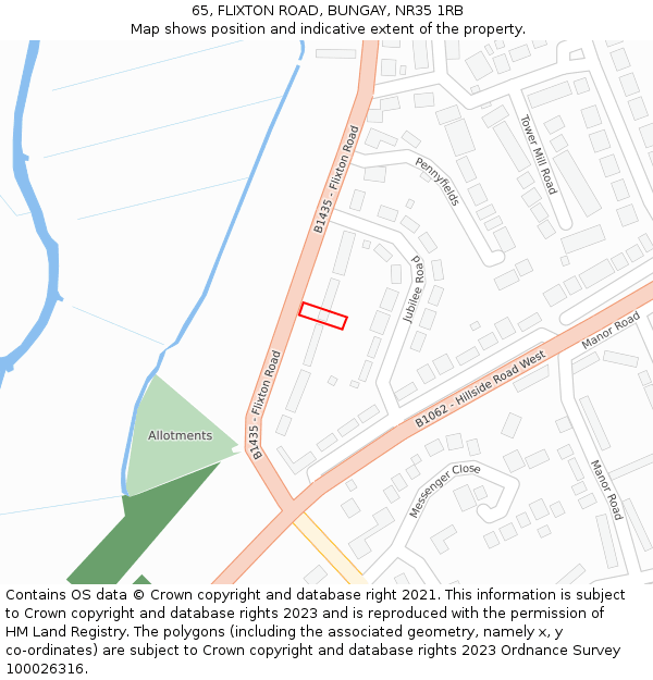 65, FLIXTON ROAD, BUNGAY, NR35 1RB: Location map and indicative extent of plot