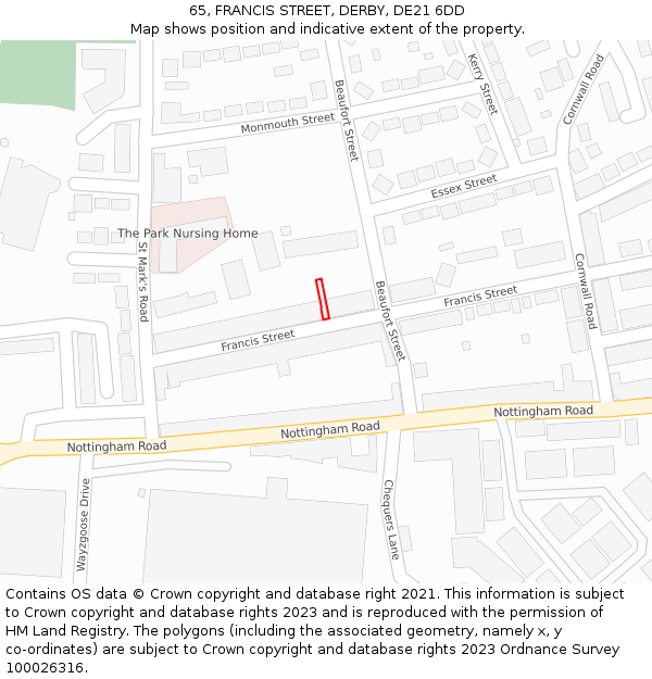65, FRANCIS STREET, DERBY, DE21 6DD: Location map and indicative extent of plot