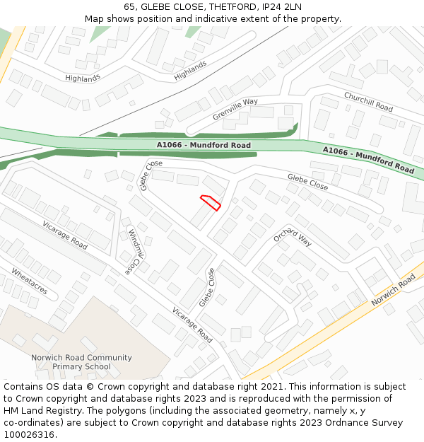 65, GLEBE CLOSE, THETFORD, IP24 2LN: Location map and indicative extent of plot