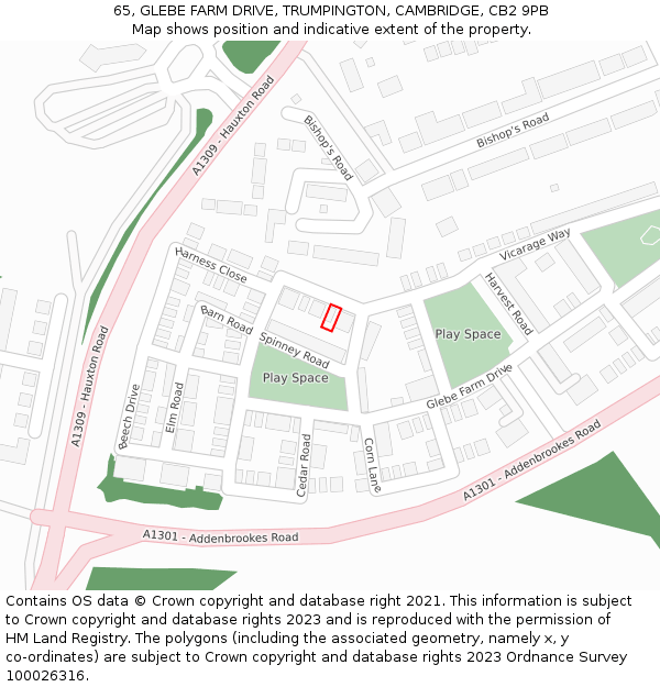 65, GLEBE FARM DRIVE, TRUMPINGTON, CAMBRIDGE, CB2 9PB: Location map and indicative extent of plot