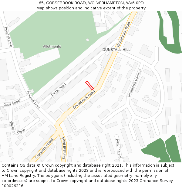 65, GORSEBROOK ROAD, WOLVERHAMPTON, WV6 0PD: Location map and indicative extent of plot