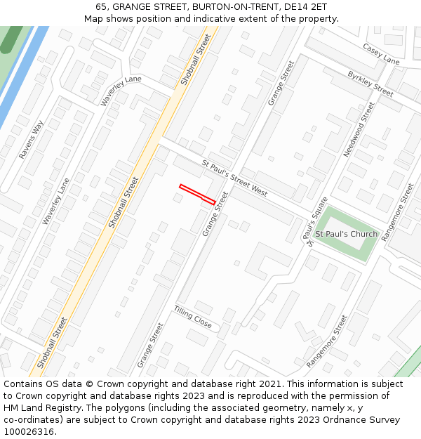 65, GRANGE STREET, BURTON-ON-TRENT, DE14 2ET: Location map and indicative extent of plot
