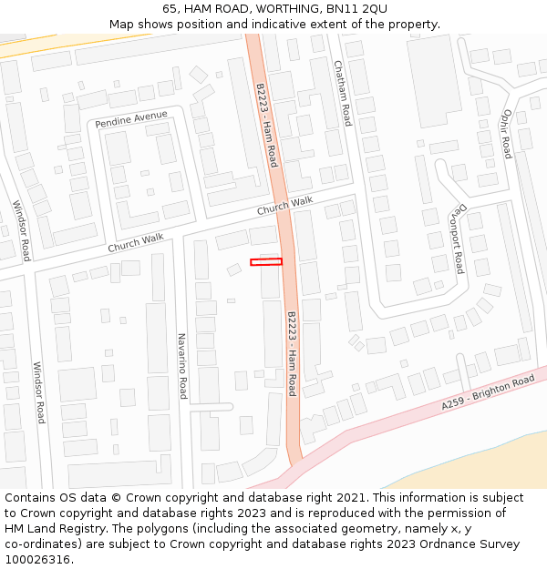 65, HAM ROAD, WORTHING, BN11 2QU: Location map and indicative extent of plot