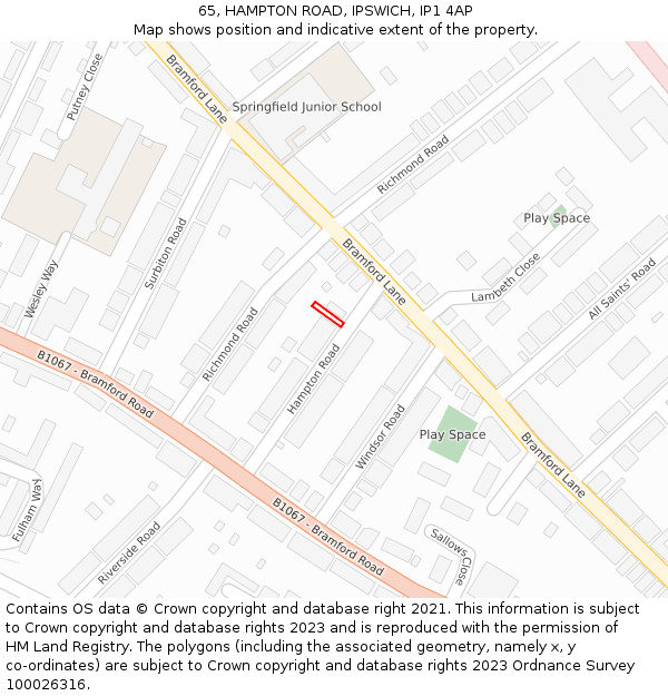 65, HAMPTON ROAD, IPSWICH, IP1 4AP: Location map and indicative extent of plot