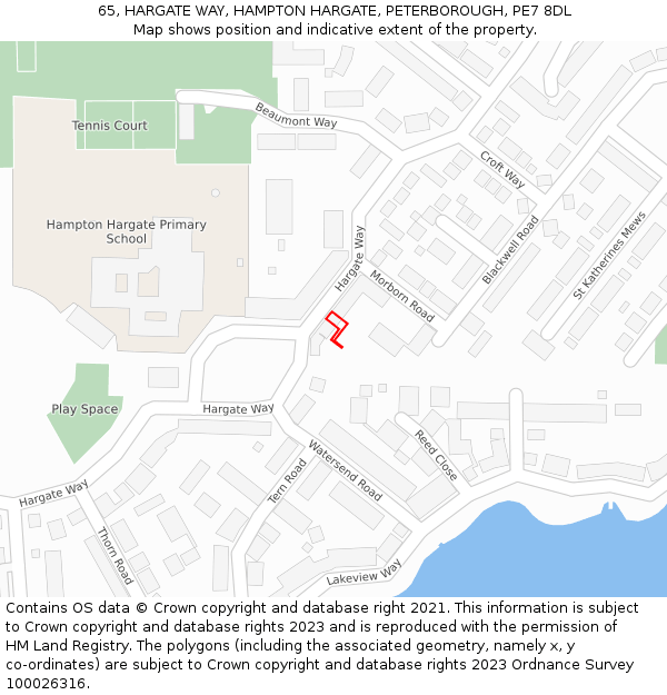 65, HARGATE WAY, HAMPTON HARGATE, PETERBOROUGH, PE7 8DL: Location map and indicative extent of plot