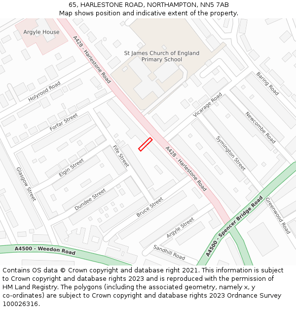 65, HARLESTONE ROAD, NORTHAMPTON, NN5 7AB: Location map and indicative extent of plot