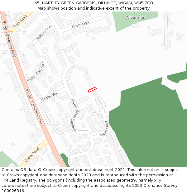 65, HARTLEY GREEN GARDENS, BILLINGE, WIGAN, WN5 7GB: Location map and indicative extent of plot