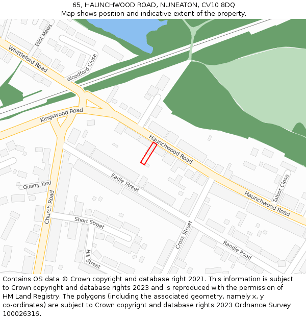 65, HAUNCHWOOD ROAD, NUNEATON, CV10 8DQ: Location map and indicative extent of plot