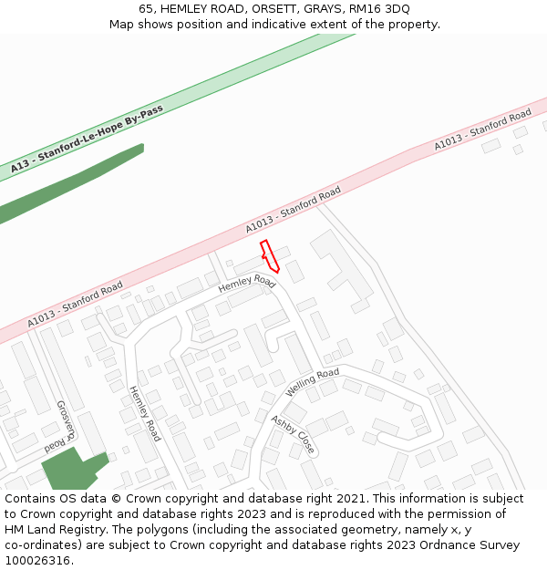 65, HEMLEY ROAD, ORSETT, GRAYS, RM16 3DQ: Location map and indicative extent of plot