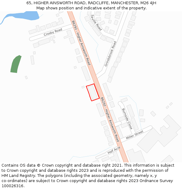 65, HIGHER AINSWORTH ROAD, RADCLIFFE, MANCHESTER, M26 4JH: Location map and indicative extent of plot