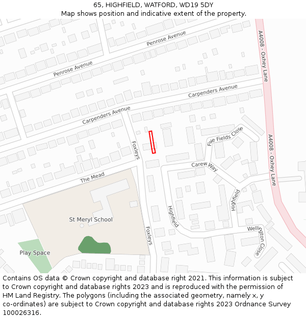 65, HIGHFIELD, WATFORD, WD19 5DY: Location map and indicative extent of plot