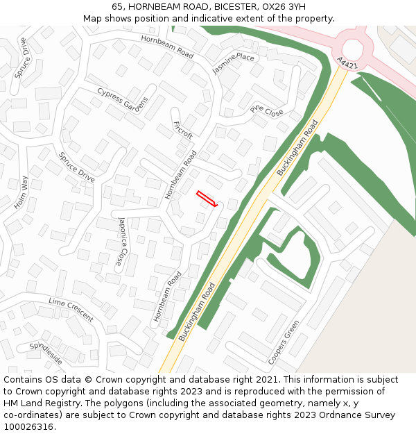 65, HORNBEAM ROAD, BICESTER, OX26 3YH: Location map and indicative extent of plot