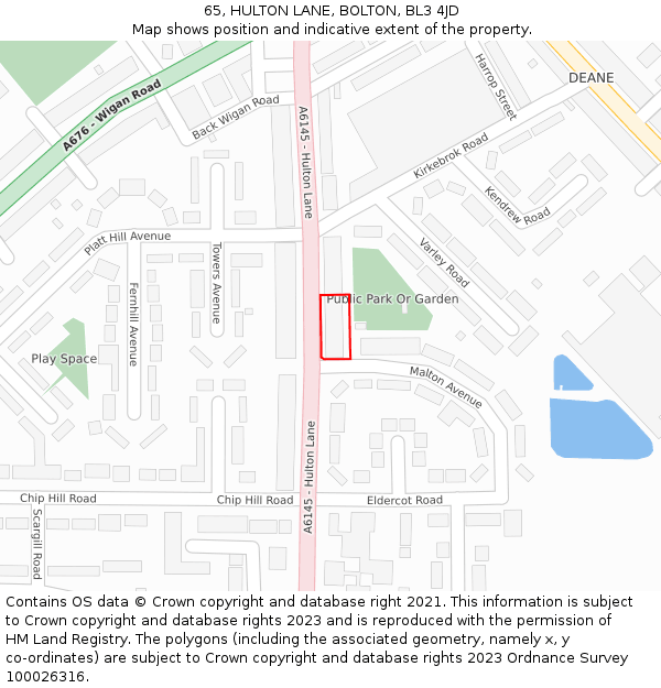 65, HULTON LANE, BOLTON, BL3 4JD: Location map and indicative extent of plot