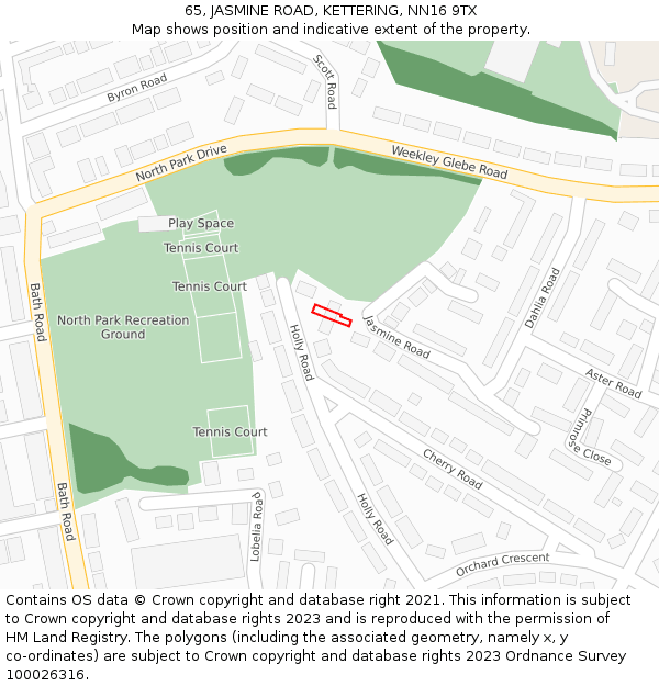 65, JASMINE ROAD, KETTERING, NN16 9TX: Location map and indicative extent of plot