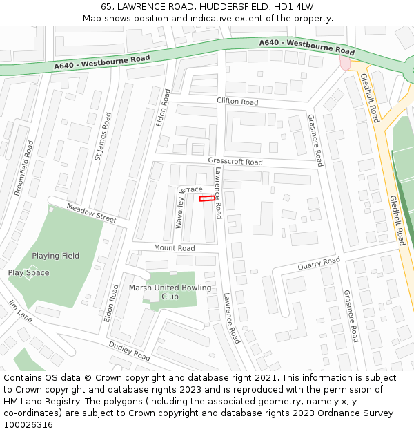 65, LAWRENCE ROAD, HUDDERSFIELD, HD1 4LW: Location map and indicative extent of plot