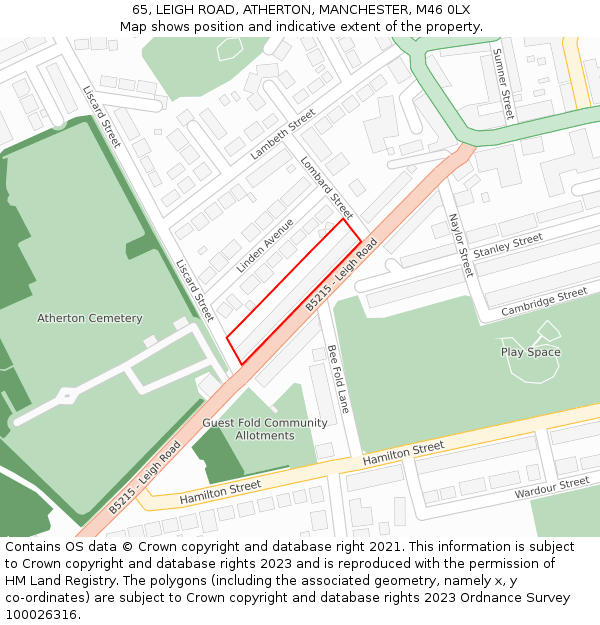 65, LEIGH ROAD, ATHERTON, MANCHESTER, M46 0LX: Location map and indicative extent of plot
