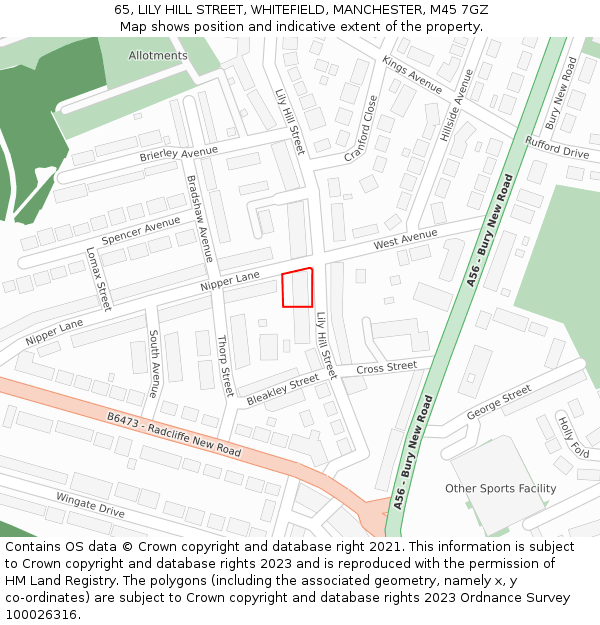 65, LILY HILL STREET, WHITEFIELD, MANCHESTER, M45 7GZ: Location map and indicative extent of plot