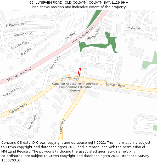 65, LLYSFAEN ROAD, OLD COLWYN, COLWYN BAY, LL29 9HH: Location map and indicative extent of plot