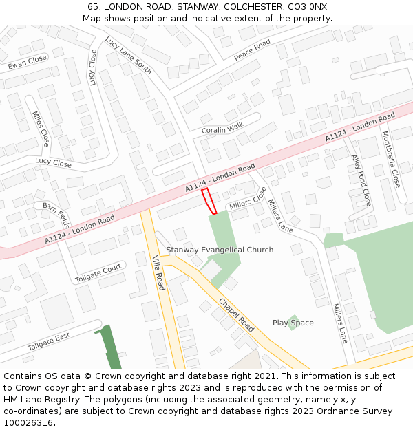 65, LONDON ROAD, STANWAY, COLCHESTER, CO3 0NX: Location map and indicative extent of plot
