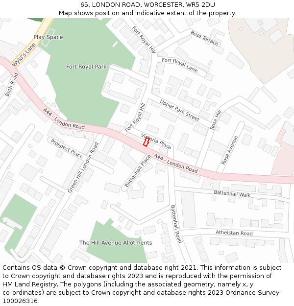 65, LONDON ROAD, WORCESTER, WR5 2DU: Location map and indicative extent of plot