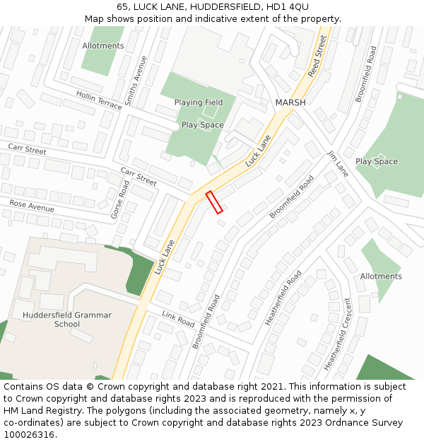 65, LUCK LANE, HUDDERSFIELD, HD1 4QU: Location map and indicative extent of plot