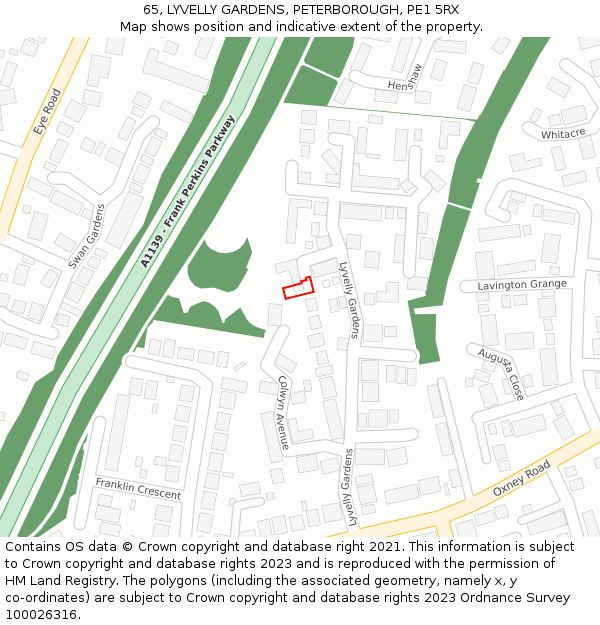 65, LYVELLY GARDENS, PETERBOROUGH, PE1 5RX: Location map and indicative extent of plot