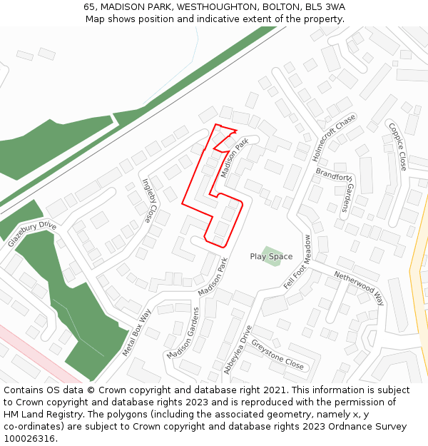65, MADISON PARK, WESTHOUGHTON, BOLTON, BL5 3WA: Location map and indicative extent of plot
