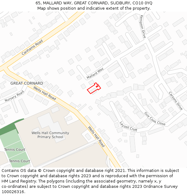 65, MALLARD WAY, GREAT CORNARD, SUDBURY, CO10 0YQ: Location map and indicative extent of plot