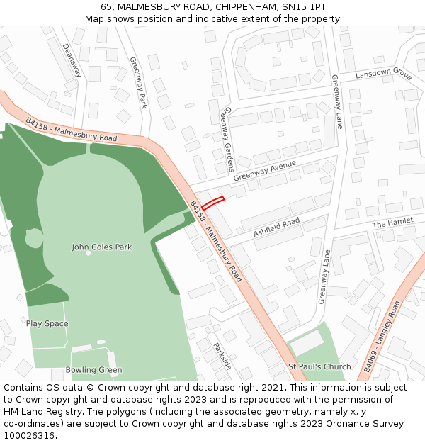 65, MALMESBURY ROAD, CHIPPENHAM, SN15 1PT: Location map and indicative extent of plot