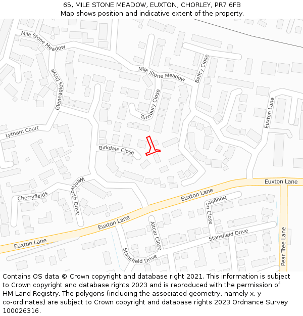 65, MILE STONE MEADOW, EUXTON, CHORLEY, PR7 6FB: Location map and indicative extent of plot