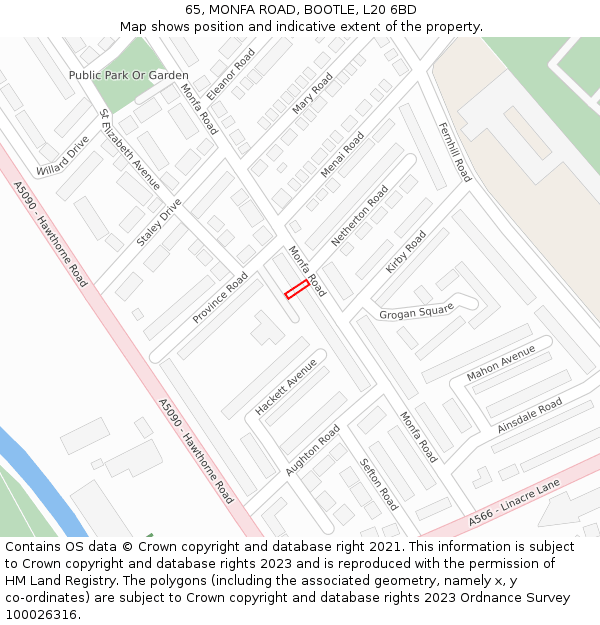 65, MONFA ROAD, BOOTLE, L20 6BD: Location map and indicative extent of plot