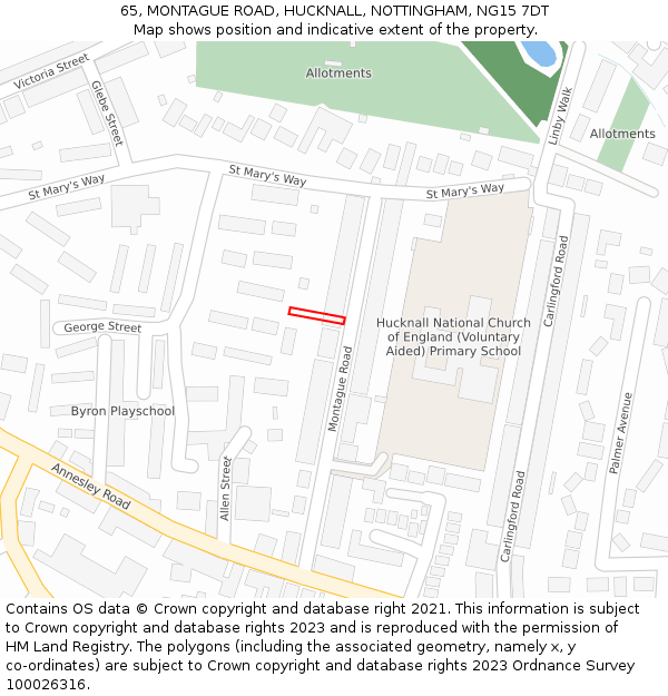 65, MONTAGUE ROAD, HUCKNALL, NOTTINGHAM, NG15 7DT: Location map and indicative extent of plot
