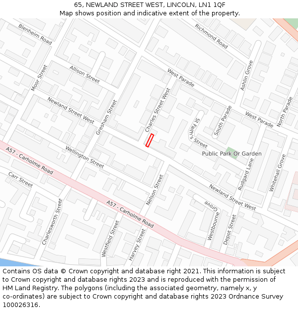 65, NEWLAND STREET WEST, LINCOLN, LN1 1QF: Location map and indicative extent of plot