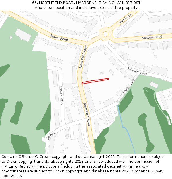 65, NORTHFIELD ROAD, HARBORNE, BIRMINGHAM, B17 0ST: Location map and indicative extent of plot