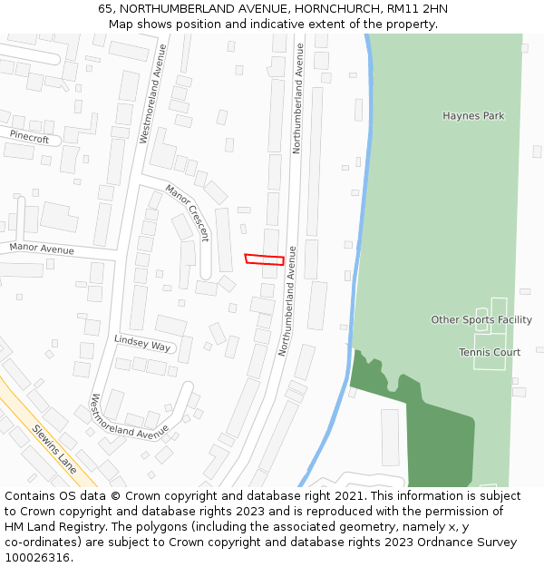 65, NORTHUMBERLAND AVENUE, HORNCHURCH, RM11 2HN: Location map and indicative extent of plot