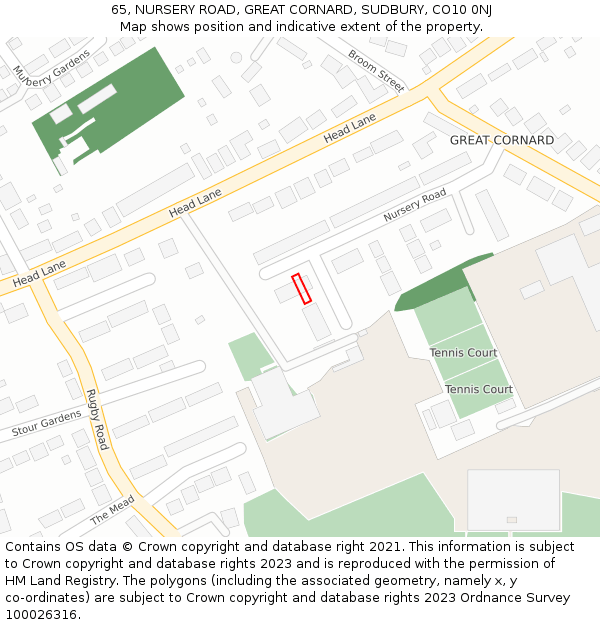 65, NURSERY ROAD, GREAT CORNARD, SUDBURY, CO10 0NJ: Location map and indicative extent of plot