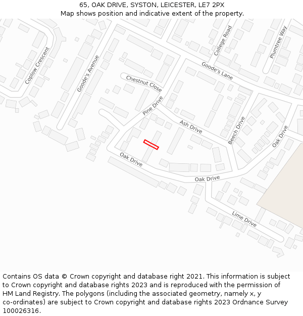 65, OAK DRIVE, SYSTON, LEICESTER, LE7 2PX: Location map and indicative extent of plot