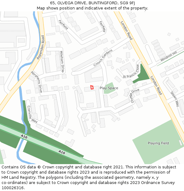 65, OLVEGA DRIVE, BUNTINGFORD, SG9 9FJ: Location map and indicative extent of plot