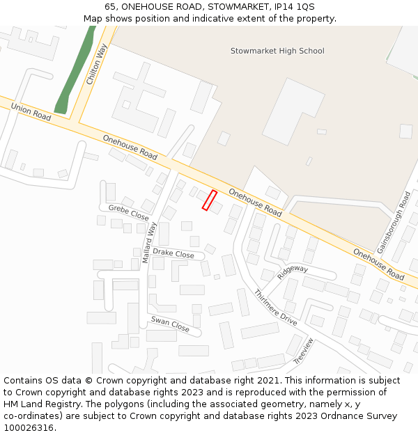 65, ONEHOUSE ROAD, STOWMARKET, IP14 1QS: Location map and indicative extent of plot