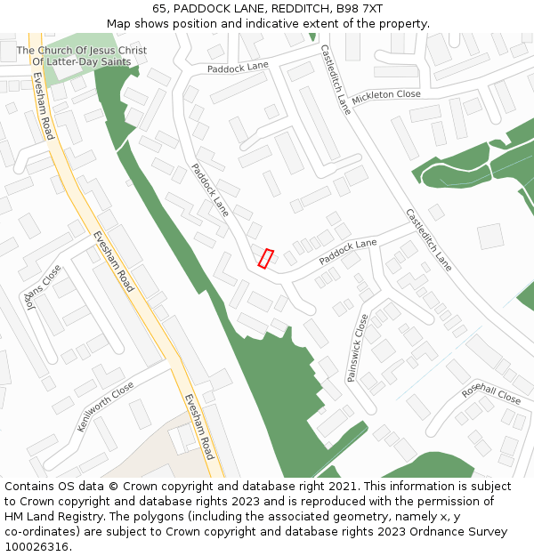65, PADDOCK LANE, REDDITCH, B98 7XT: Location map and indicative extent of plot