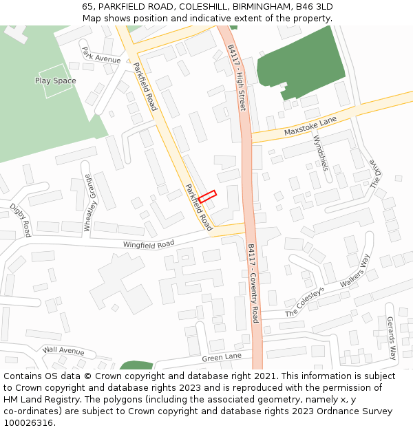 65, PARKFIELD ROAD, COLESHILL, BIRMINGHAM, B46 3LD: Location map and indicative extent of plot