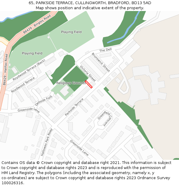 65, PARKSIDE TERRACE, CULLINGWORTH, BRADFORD, BD13 5AD: Location map and indicative extent of plot