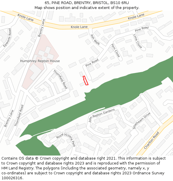 65, PINE ROAD, BRENTRY, BRISTOL, BS10 6RU: Location map and indicative extent of plot