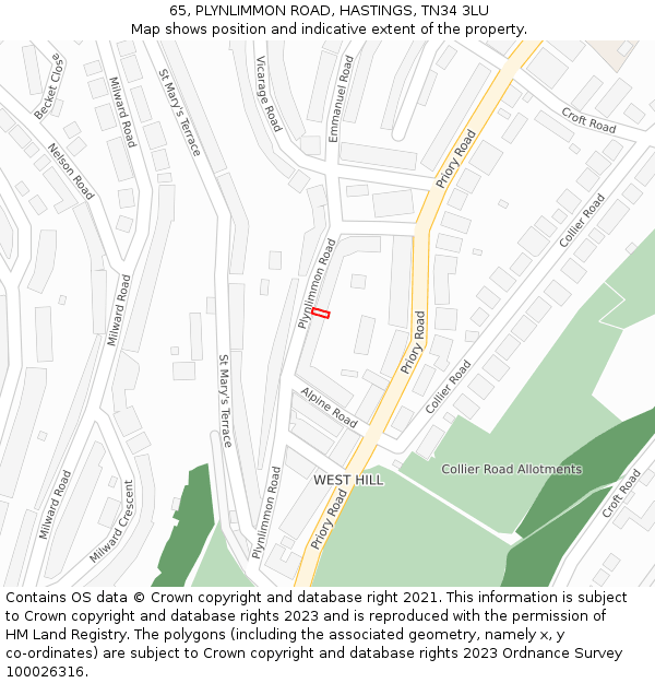 65, PLYNLIMMON ROAD, HASTINGS, TN34 3LU: Location map and indicative extent of plot