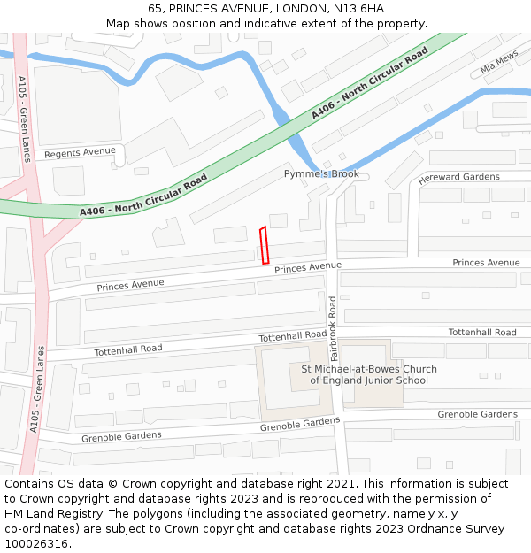 65, PRINCES AVENUE, LONDON, N13 6HA: Location map and indicative extent of plot