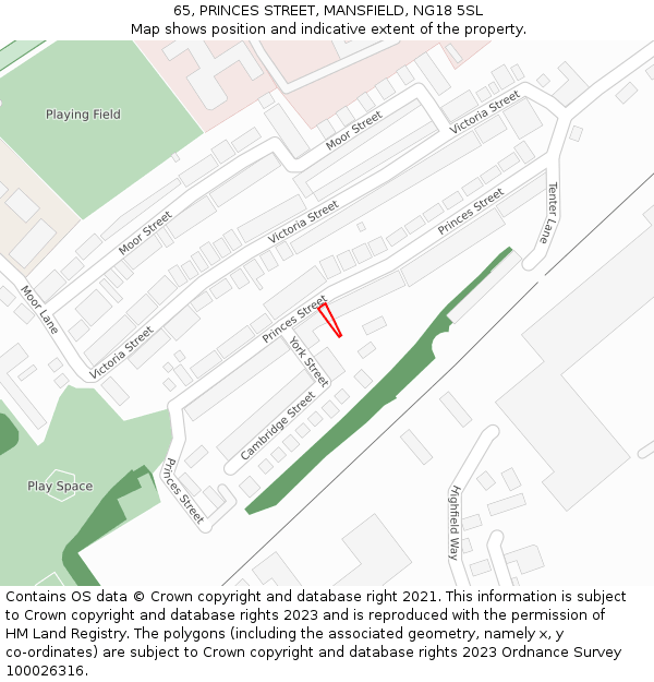 65, PRINCES STREET, MANSFIELD, NG18 5SL: Location map and indicative extent of plot
